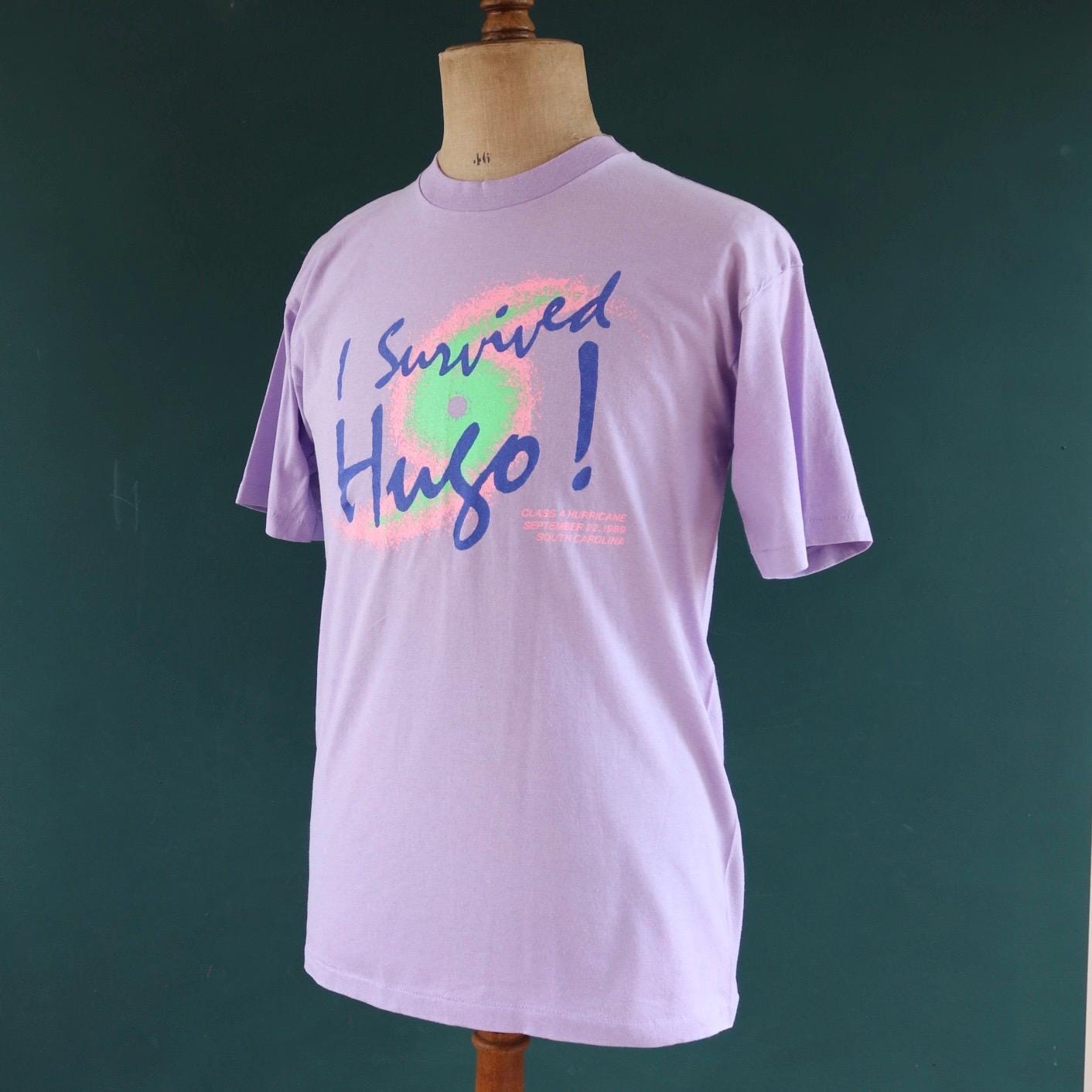 Vintage 1980s hurricane Hugo t shirt - lilac purple - neon graphic - single stitch tee - 40” chest
