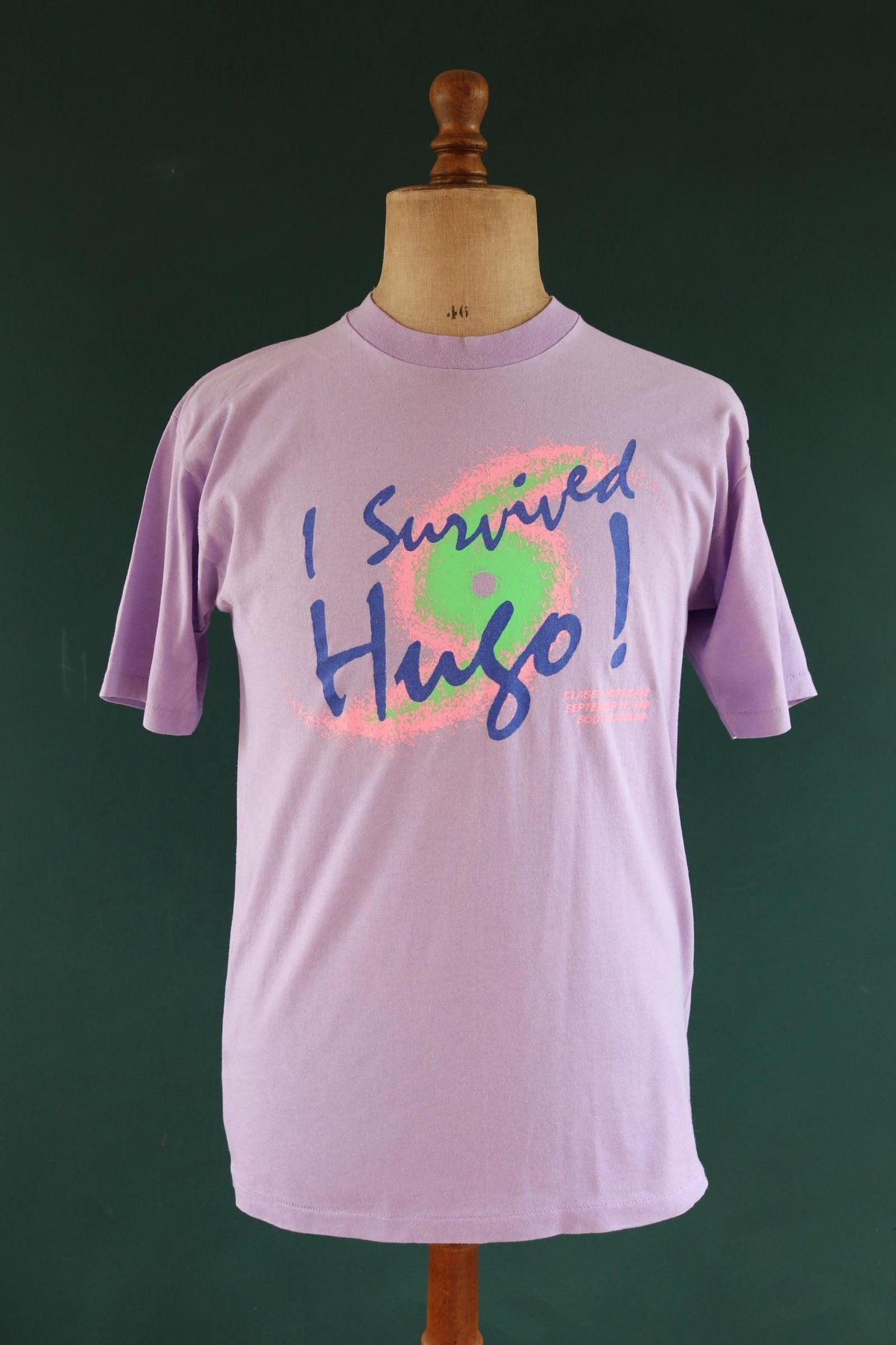 Vintage 1980s hurricane Hugo t shirt - lilac purple - neon graphic - single stitch tee - 40” chest