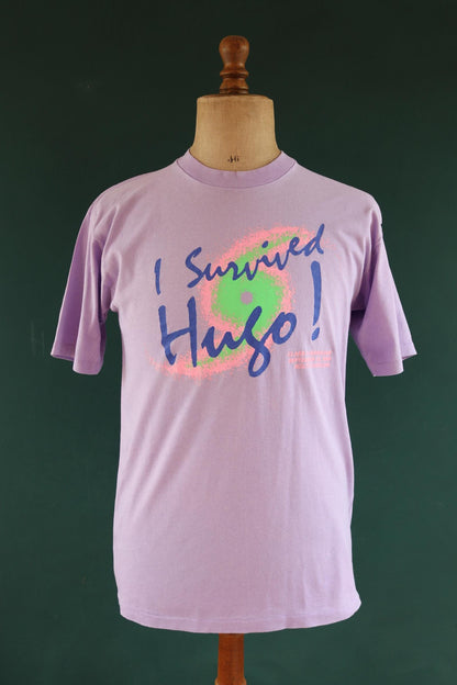 Vintage 1980s hurricane Hugo t shirt - lilac purple - neon graphic - single stitch tee - 40” chest