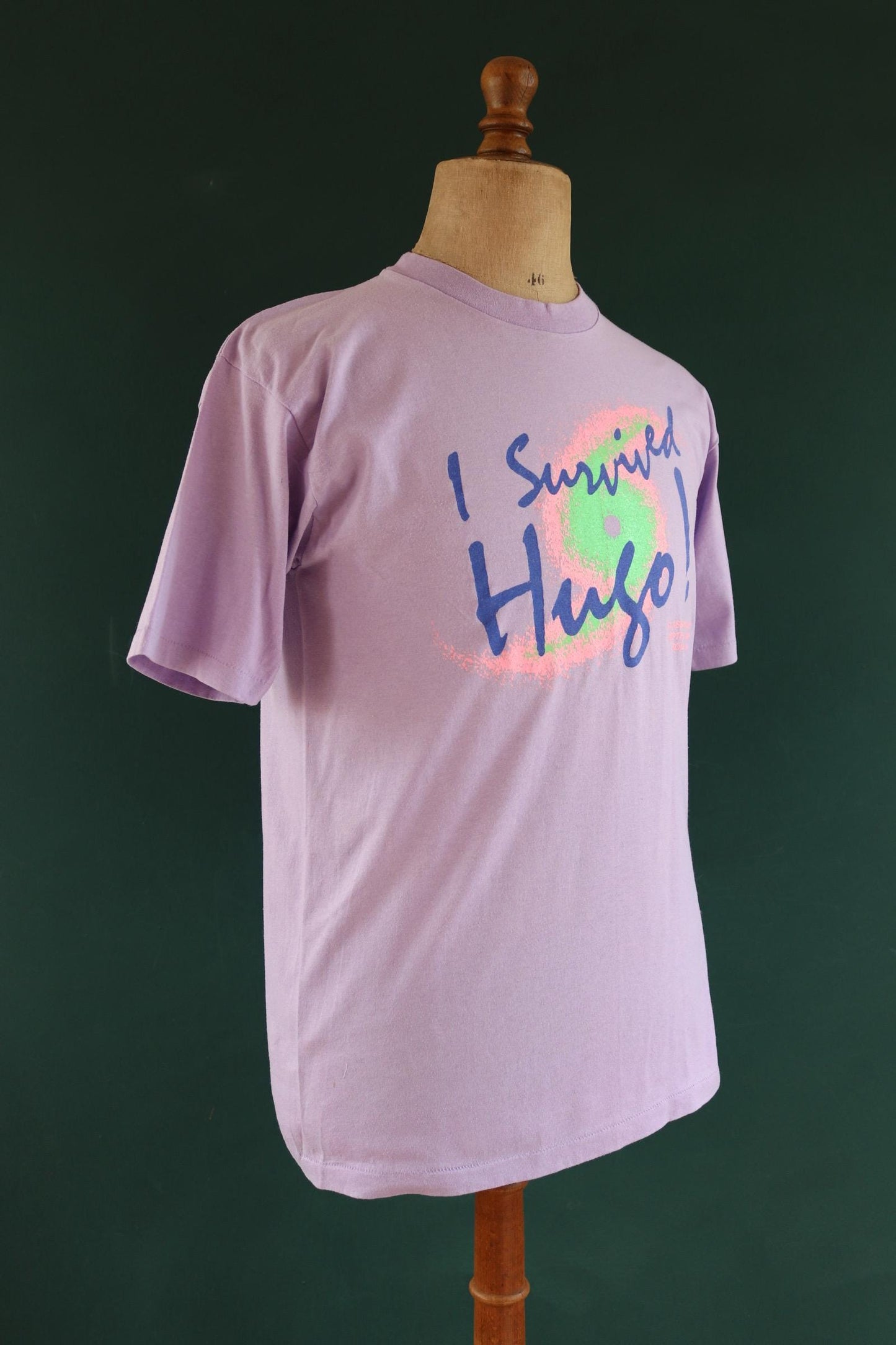 Vintage 1980s hurricane Hugo t shirt - lilac purple - neon graphic - single stitch tee - 40” chest