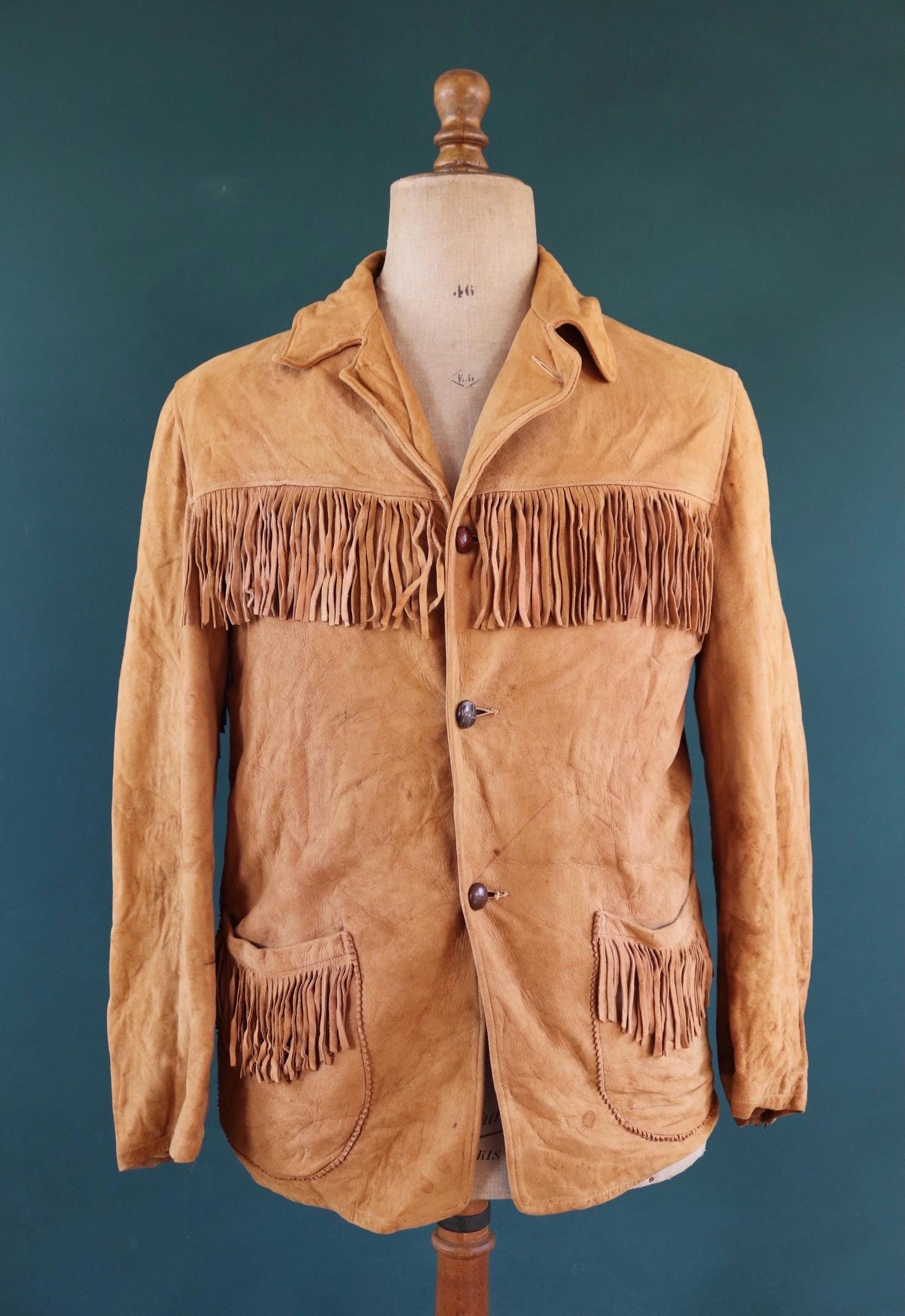 Vintage buckskin suede tassel jacket 1940s Western cowboy 42” chest California Sportswear