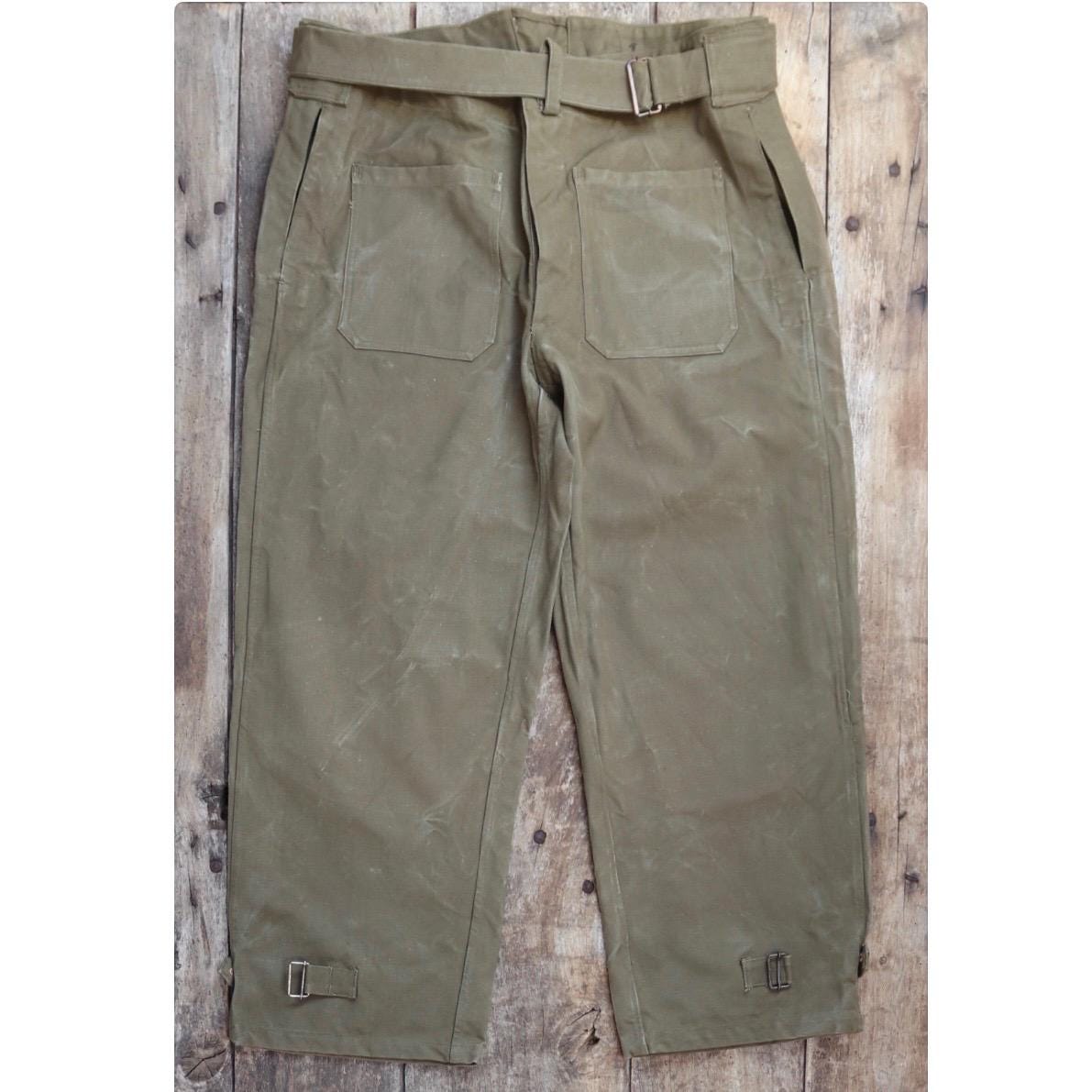 Vintage French military motorcycle trousers overalls pants khaki green cotton canvas dispatch rider 1950s army 38” x 29”