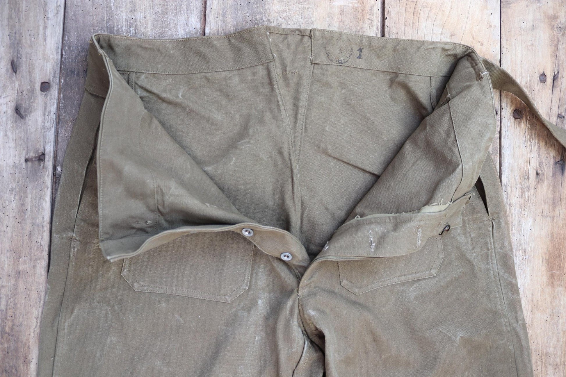 Vintage French military motorcycle trousers overalls pants khaki green cotton canvas dispatch rider 1950s army 40” x 29”