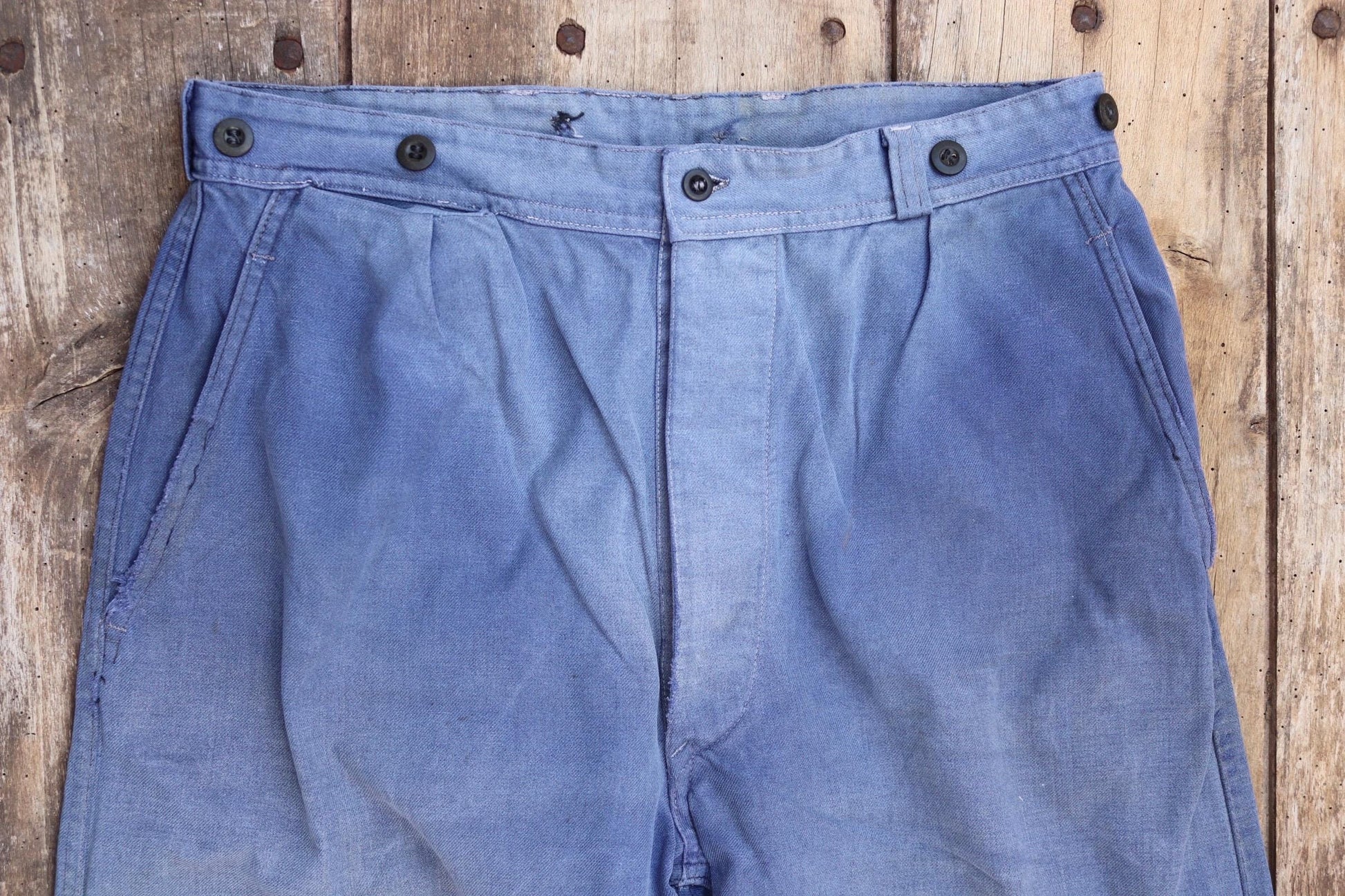 Vintage French workwear trousers pants indigo cotton twill 1960s work chore 32” x 26”