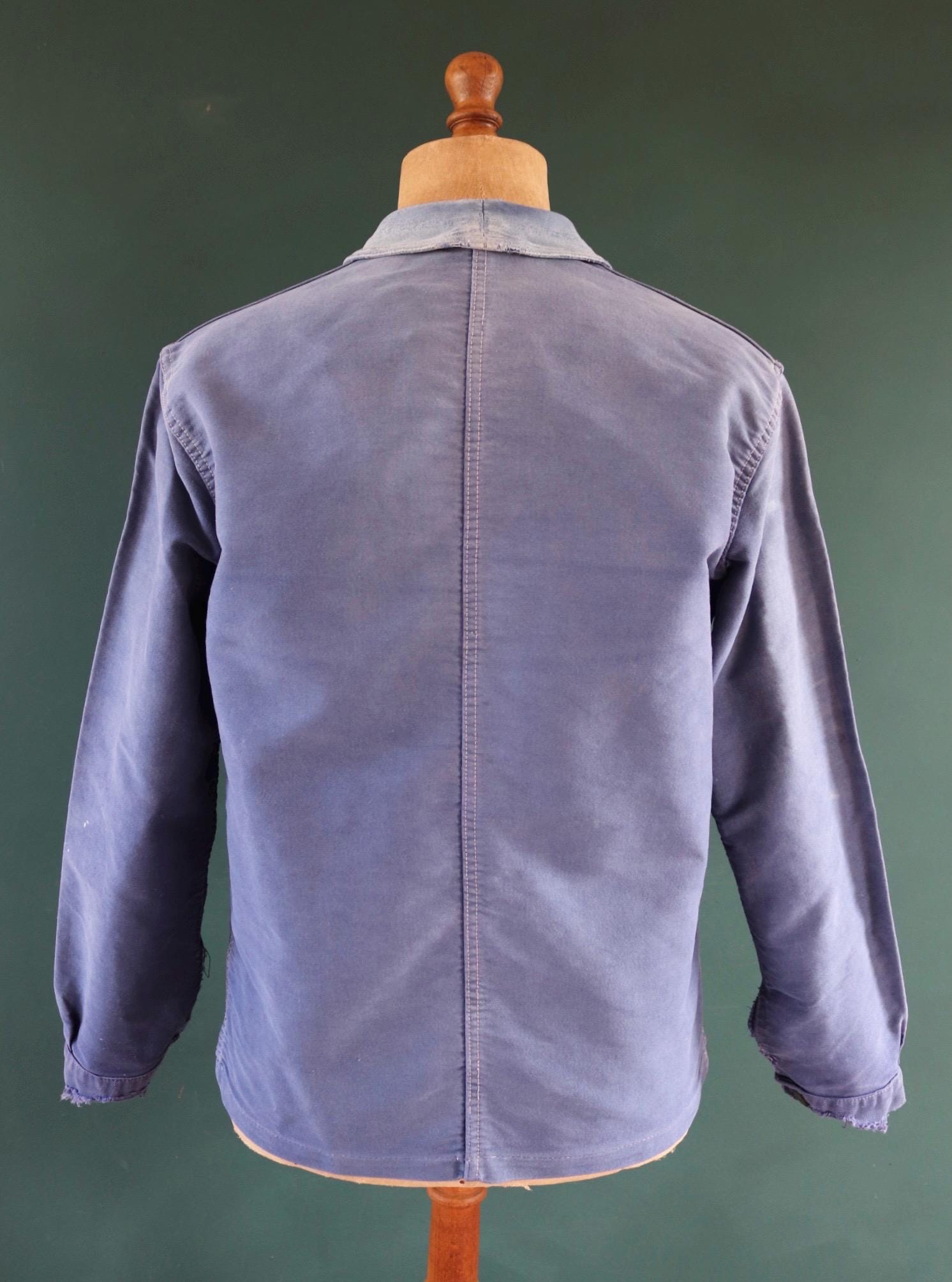 Vintage French moleskin jacket work workwear chore faded 44” chest bleu de travail