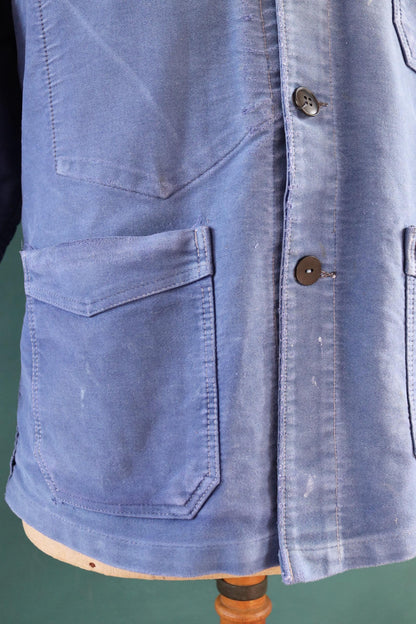 Vintage French moleskin jacket work workwear chore faded 44” chest bleu de travail