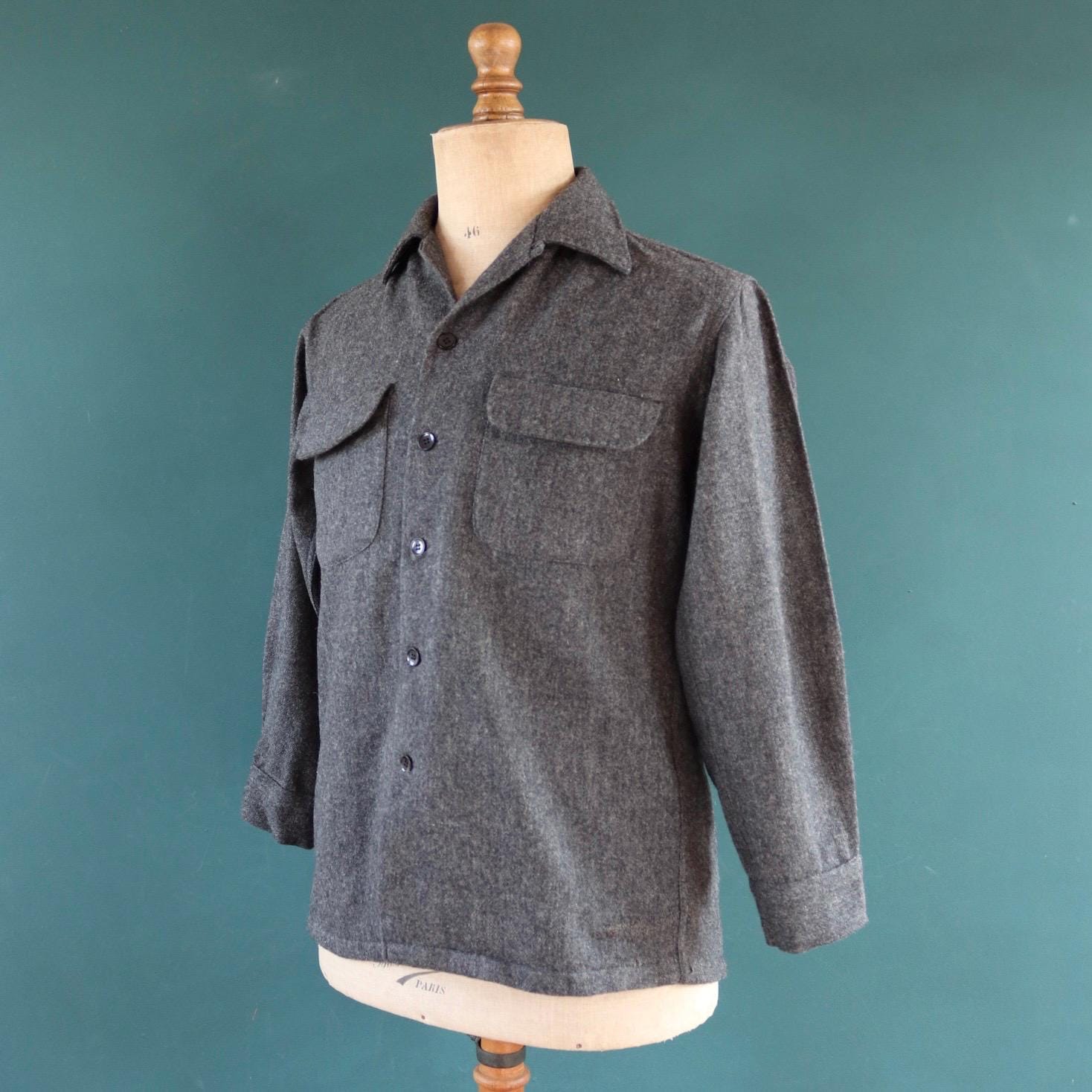 Vintage 1960s wool shirt McGregor loop collar plain grey hiking camping 42” chest