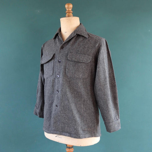 Vintage 1960s wool shirt McGregor loop collar plain grey hiking camping 42” chest