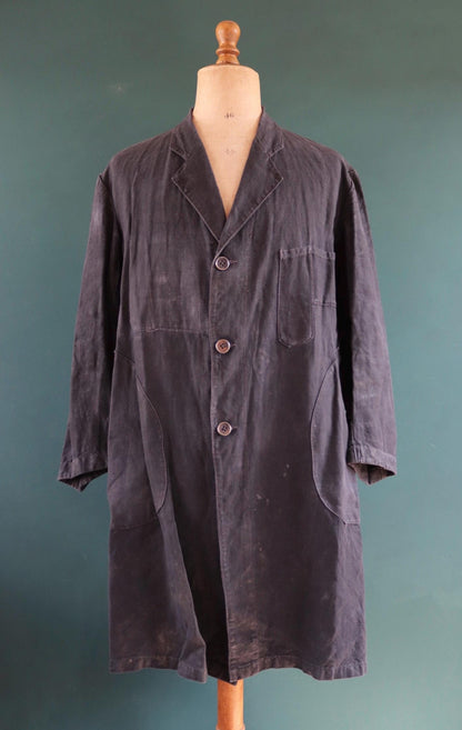 Vintage antique French indigo linen maquignon coat workwear duster work chore coat machinist 51” chest