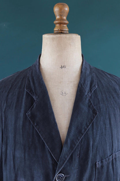 Antique French duster coat - vintage chore jacket - indigo linen workwear - maquignon - 51” chest