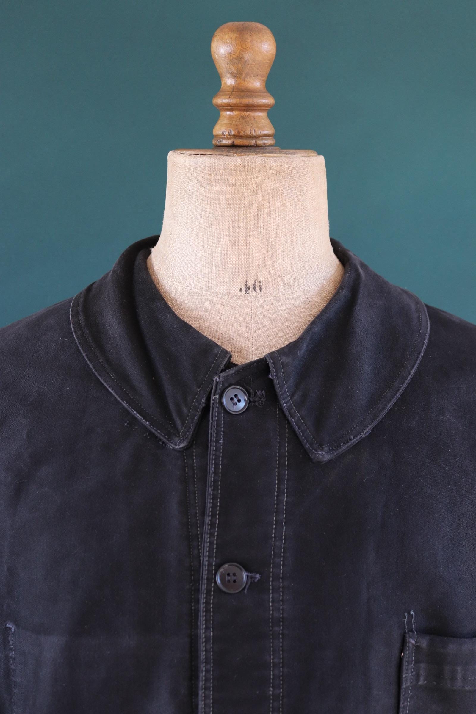 Vintage French black moleskin workwear jacket - L’Ange Bleu - 1950s chore coat - sun faded chore coat - 49” chest