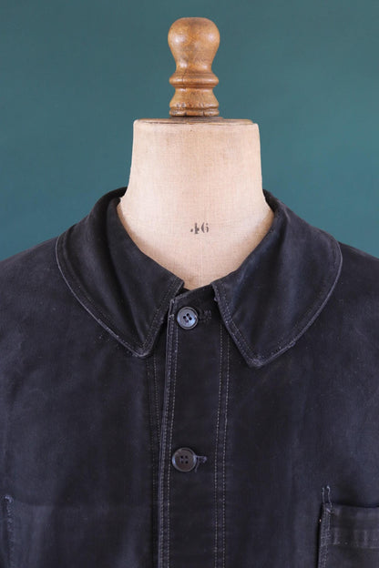 Vintage French black moleskin workwear jacket - L’Ange Bleu - 1950s chore coat - sun faded chore coat - 49” chest