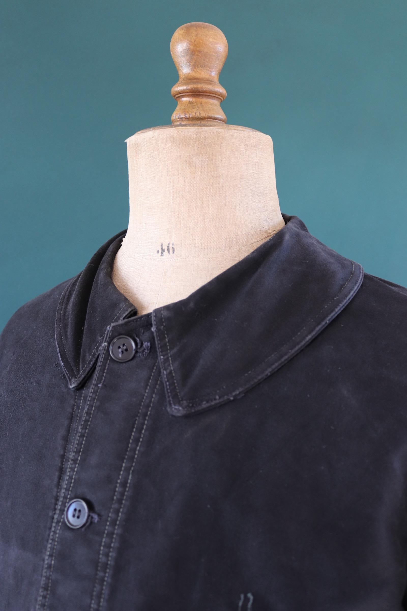 Vintage French black moleskin workwear jacket - L’Ange Bleu - 1950s chore coat - sun faded chore coat - 49” chest