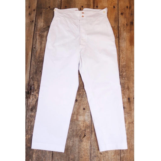 Vintage 1910s 20s French workwear trousers - antique white cotton pants - 31” x 27” - fishtail buckle back - bone buttons