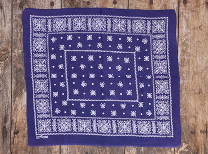 Vintage 1960s indigo workwear bandana - blue cotton neckerchief - Davis and Catterall Elephant - squash blossom print