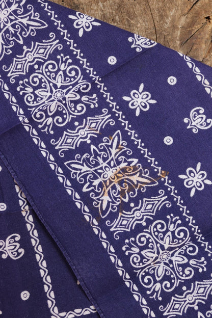 Vintage 1960s indigo workwear bandana - blue cotton neckerchief - Davis and Catterall Elephant - squash blossom print