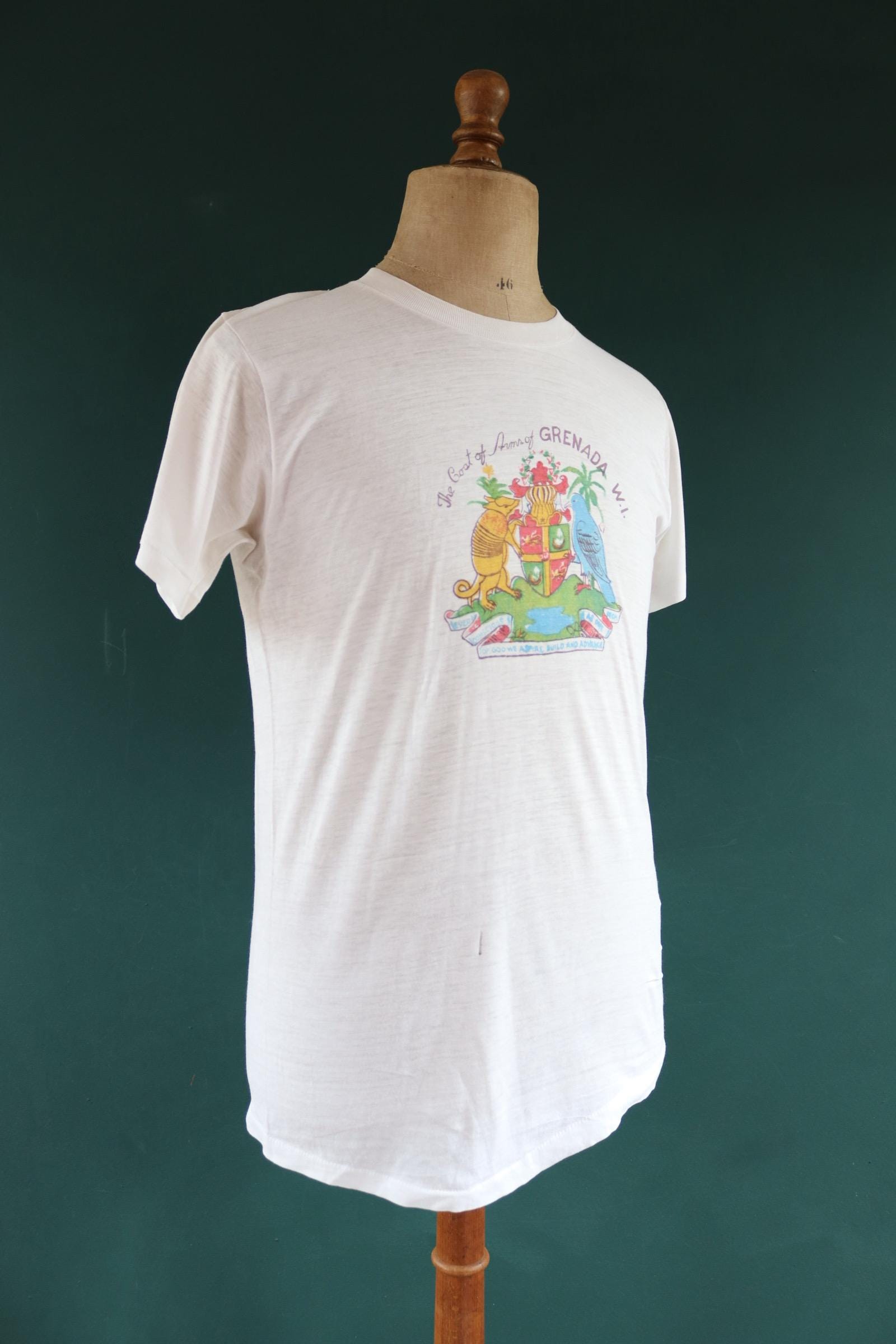 Vintage 1970s Fruit of the loom white t shirt - thrashed tee - coat of arms print - 40” chest