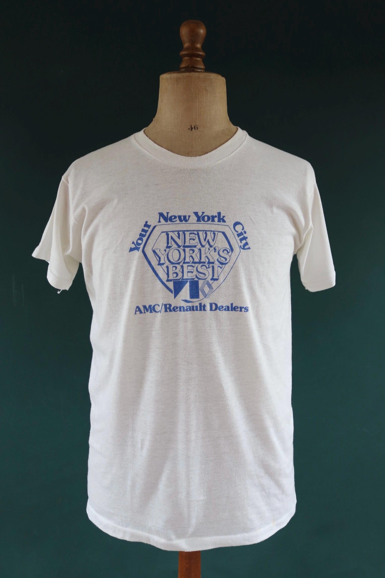 Vintage 1980s NYC white t shirt - single stitch - car dealership tee - Renault car print - 42” chest