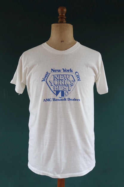 Vintage 1980s NYC white t shirt - single stitch - car dealership tee - Renault car print - 42” chest