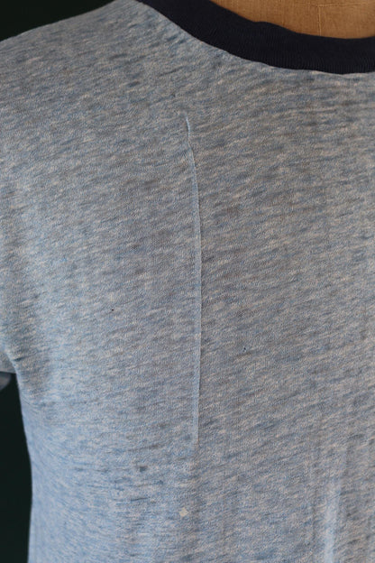Vintage 1980s t shirt - paper thin - blue marl - 41” chest - ringer sportswear - made in USA
