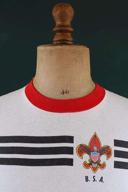 Vintage 1980s Boy Scouts t shirt - BSA print - red ringer - made in USA - 36" chest