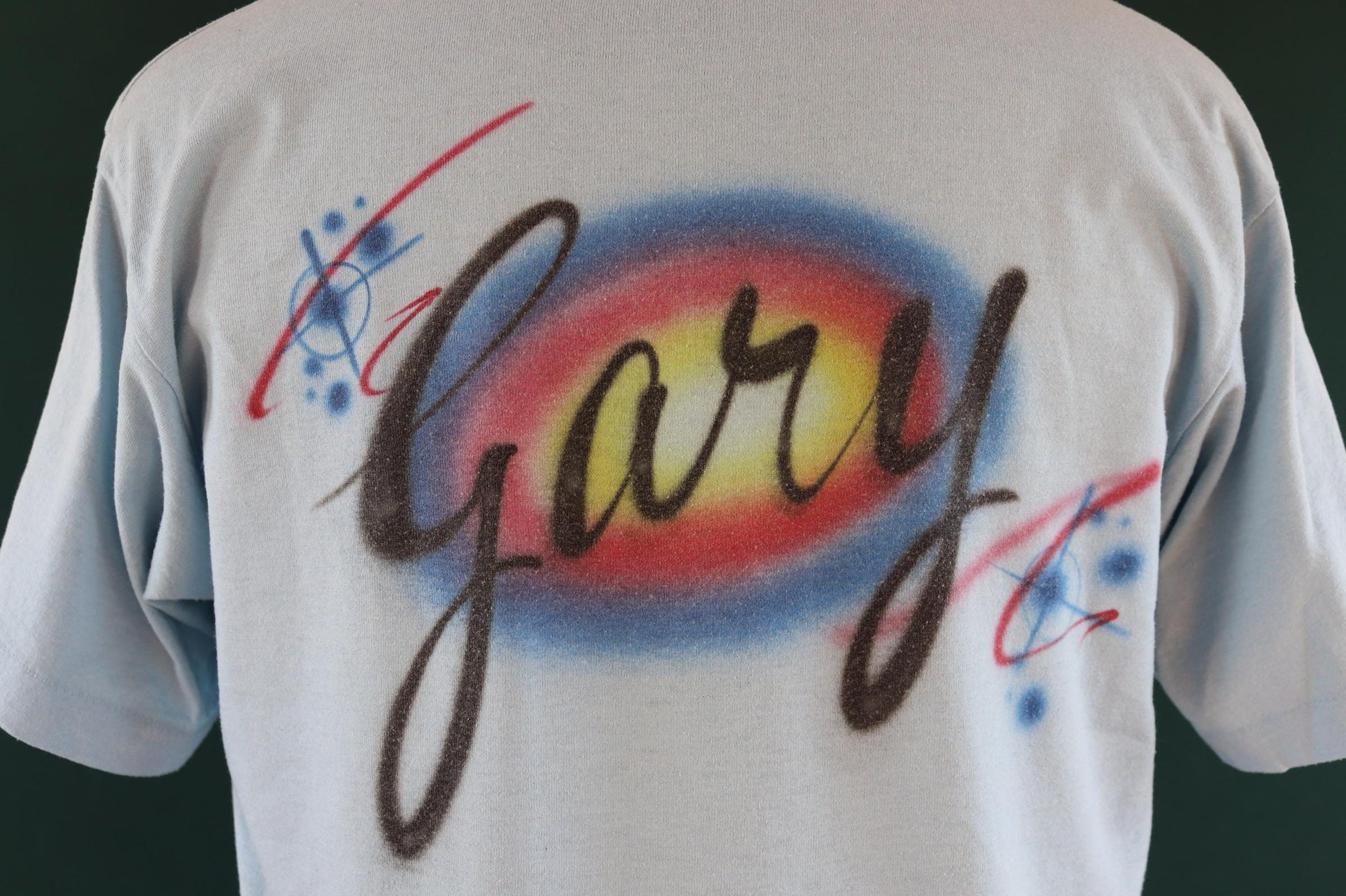 Vintage 1990s neon t shirt - beer advertising - Gary - airbrushed - pale blue - 42” chest