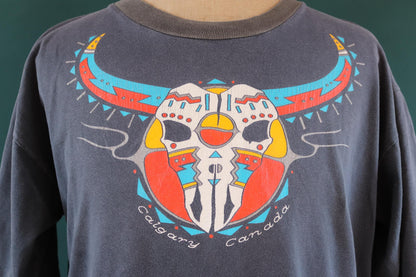 Vintage 1990s oversized t shirt - Calgary Canada - cow skull design - faded black - 48” chest