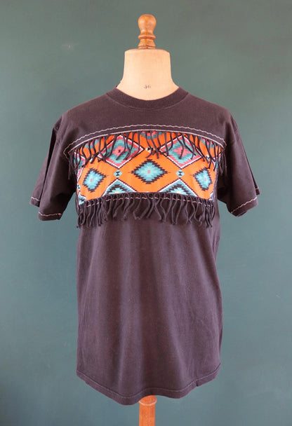 Vintage 1990s faded black t shirt - Aztec style design with tassels - 43” chest