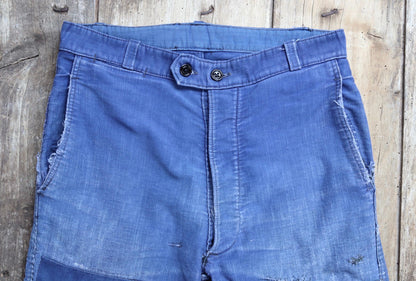 Vintage 1930s 40s French workwear trousers - Le Mont St Michel chore pants - blue moleskin - darned and repaired - 31” x 25”