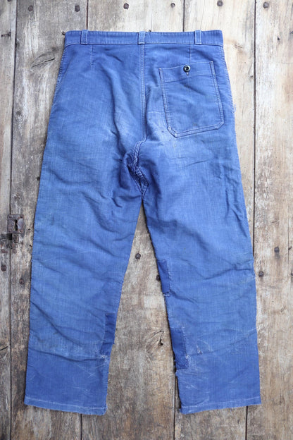 Vintage 1930s 40s French workwear trousers - Le Mont St Michel chore pants - blue moleskin - darned and repaired - 31” x 25”