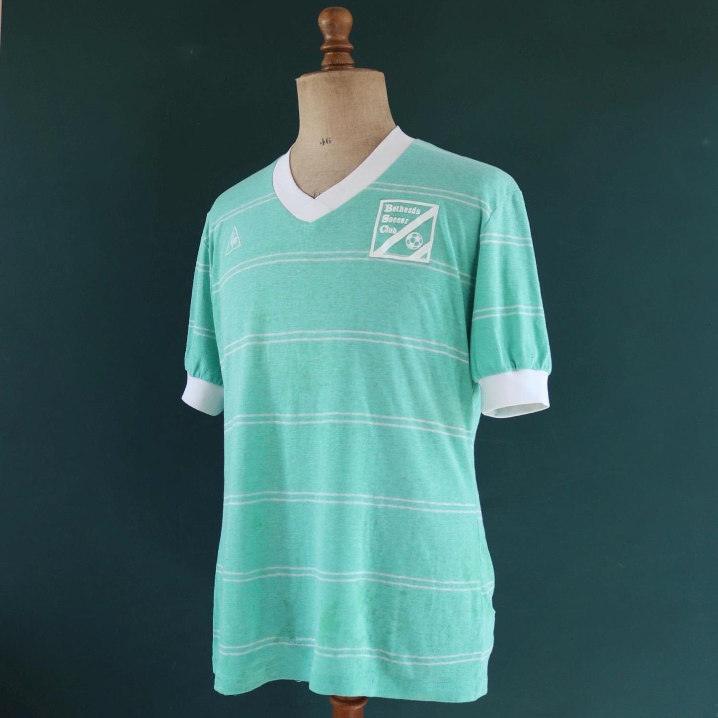Vintage 1980s Le Coq Sportif soccer t shirt - green striped tee - 44” chest