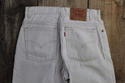Vintage 1990s Levis 550 white denim jeans - Levi Strauss red tab - barrel leg - small e - zip fly - 29” x 38”