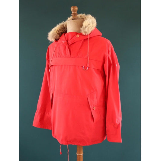 Vintage 1970s 80s red Norwegian smock - hiking anorak - 44” chest - fur trim hood - for skiing or walking