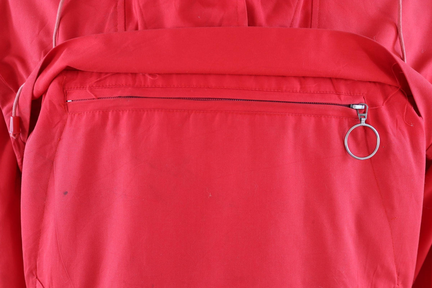 Vintage 1970s 80s red Norwegian smock - hiking anorak - 44” chest - fur trim hood - for skiing or walking