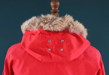 Vintage 1970s 80s red Norwegian smock - hiking anorak - 44” chest - fur trim hood - for skiing or walking