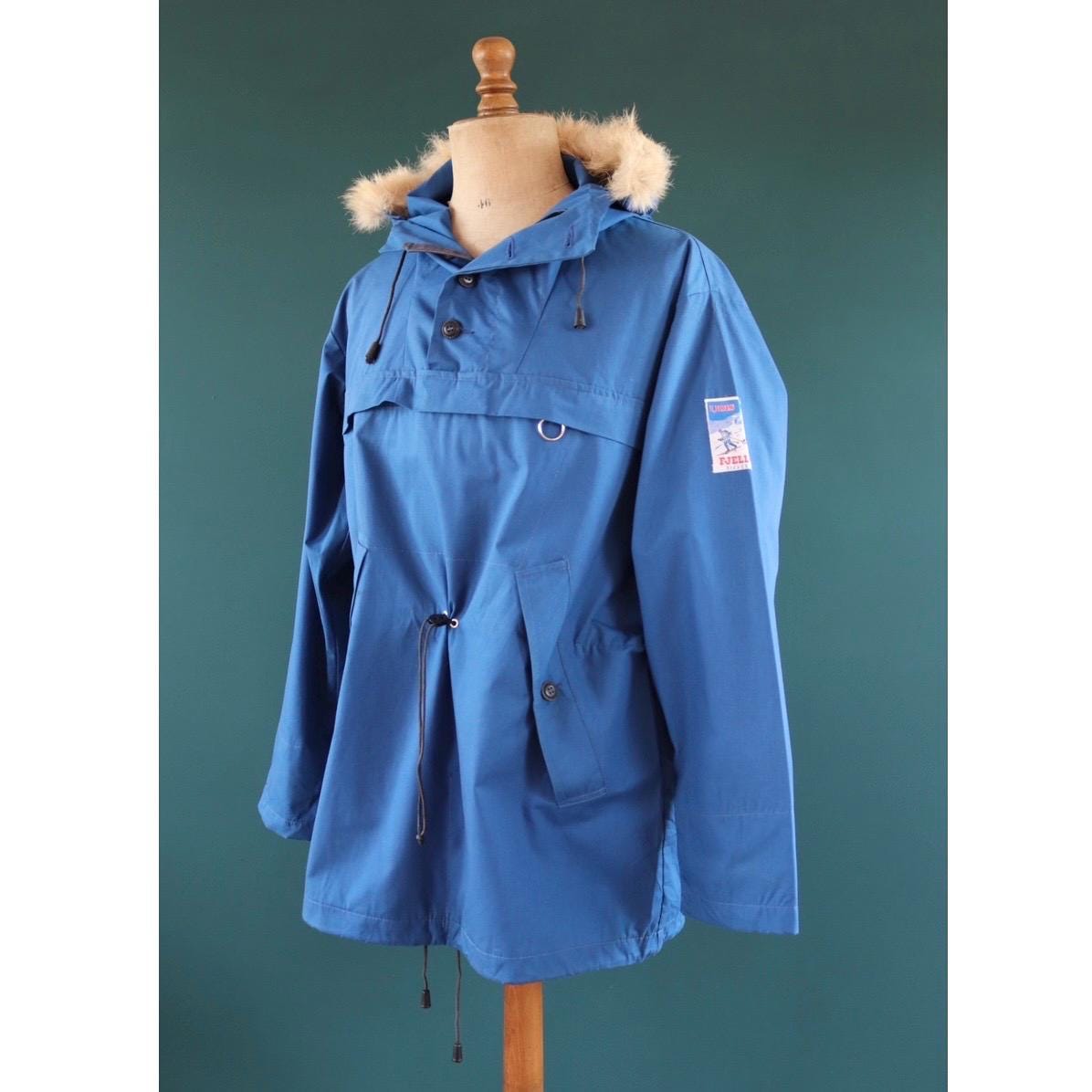 Vintage 2000s blue Norwegian smock - hiking anorak - 50” chest - fur trim hood - for skiing or walking