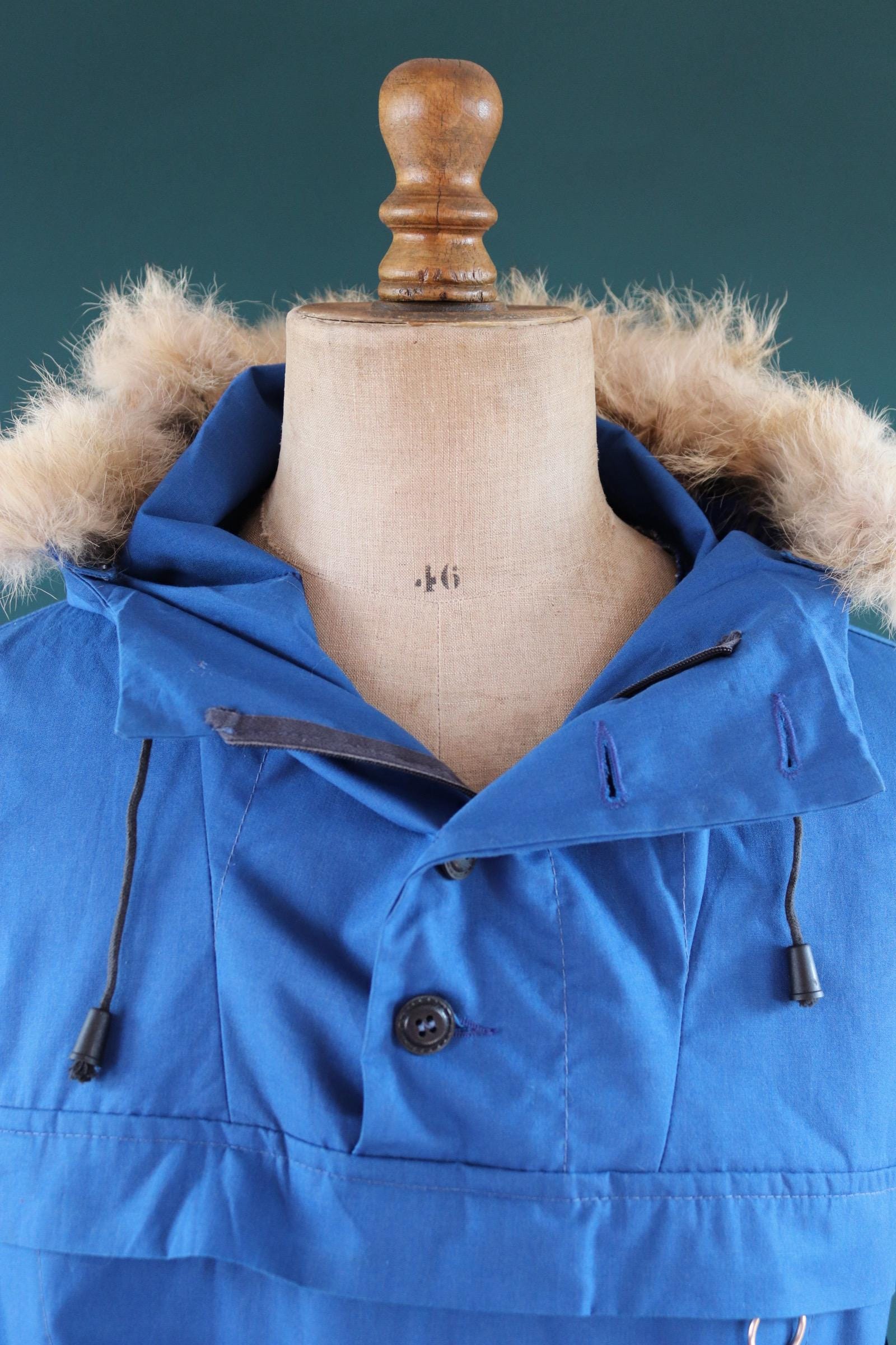 Vintage 2000s blue Norwegian smock - hiking anorak - 50” chest - fur trim hood - for skiing or walking
