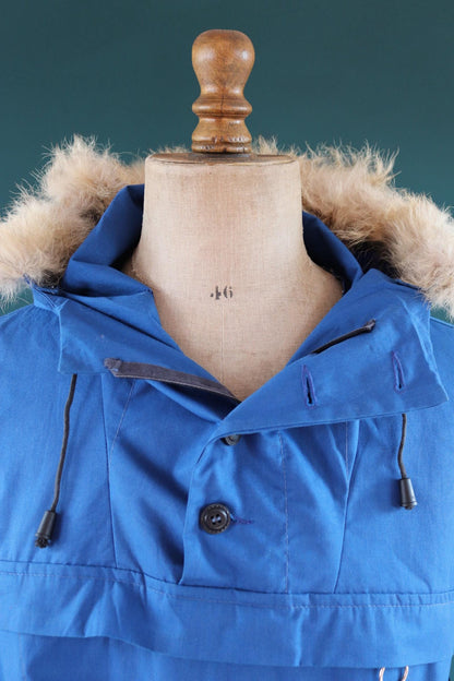 Vintage 2000s blue Norwegian smock - hiking anorak - 50” chest - fur trim hood - for skiing or walking