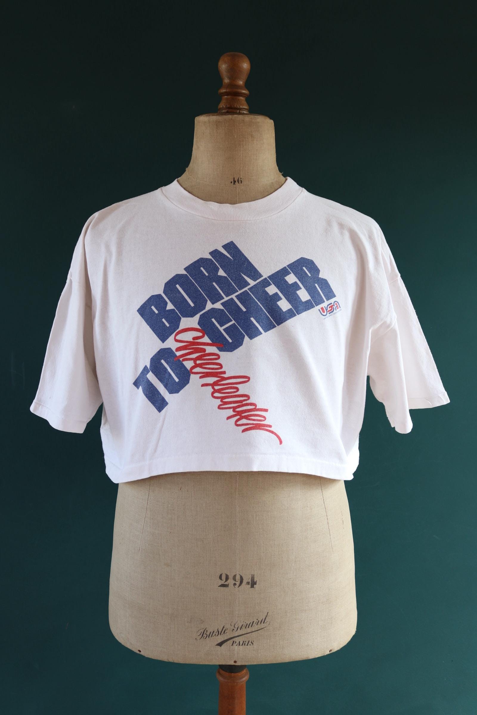 Vintage 1980s 90s cropped cheerleader t shirt - born to cheer - oversized boxy fit - sportswear - 50” chest