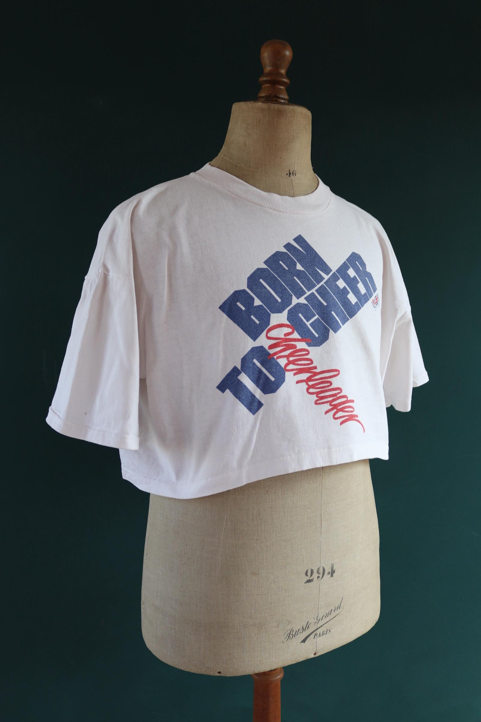 Vintage 1980s 90s cropped cheerleader t shirt - born to cheer - oversized boxy fit - sportswear - 50” chest