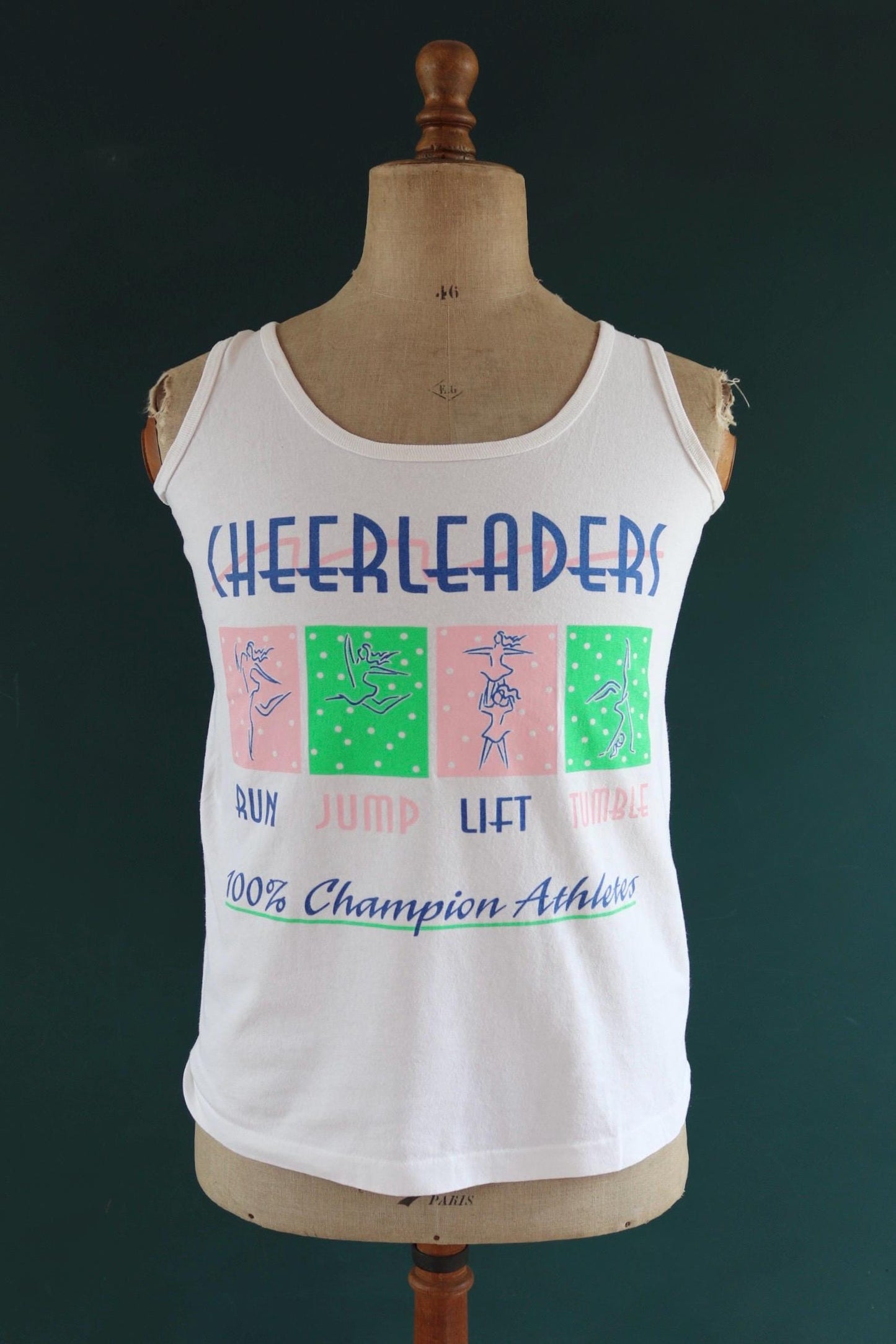 Vintage 1980s 1990s t shirt - neon and white vest - cheerleader print - cotton sportswear singlet - 39” chest