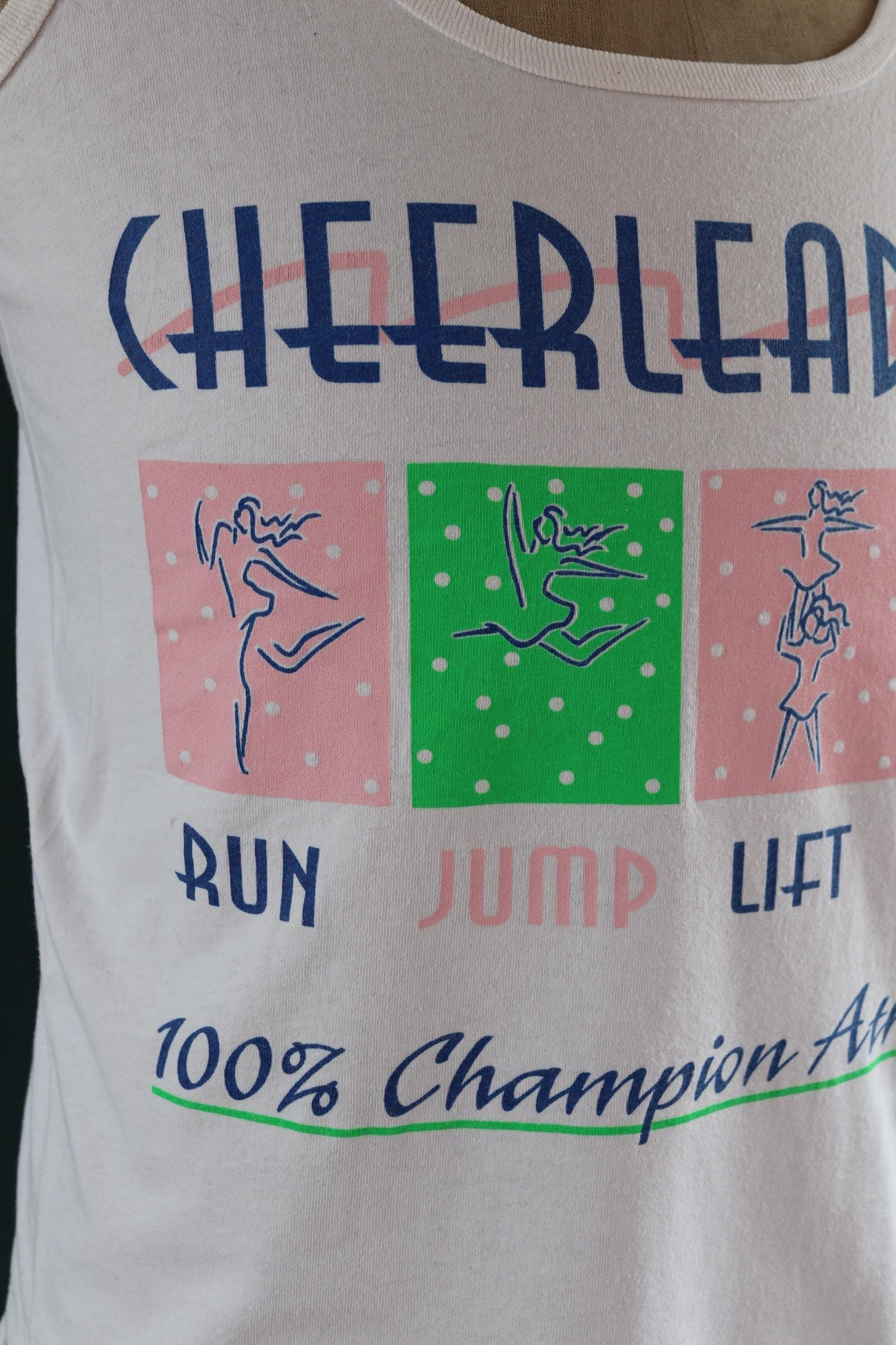 Vintage 1980s 1990s t shirt - neon and white vest - cheerleader print - cotton sportswear singlet - 39” chest