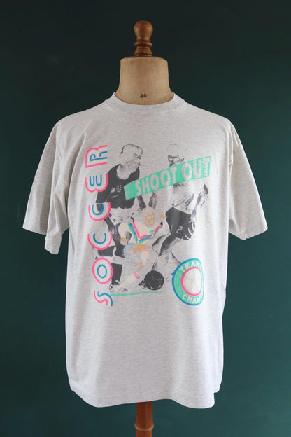 Vintage 1990s soccer print t shirt - neon football design - 47” chest