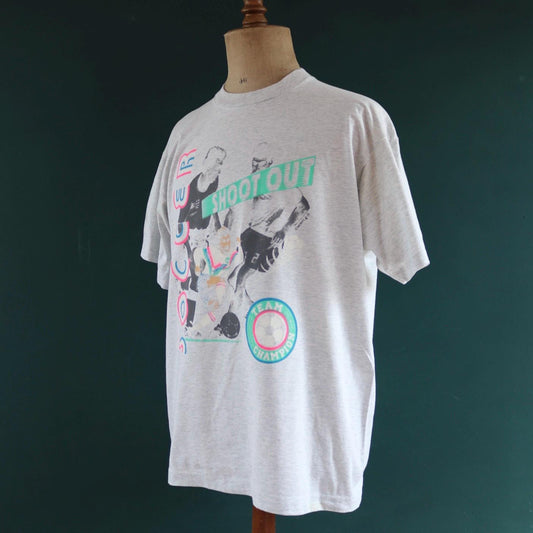Vintage 1990s soccer print t shirt - neon football design - 47” chest