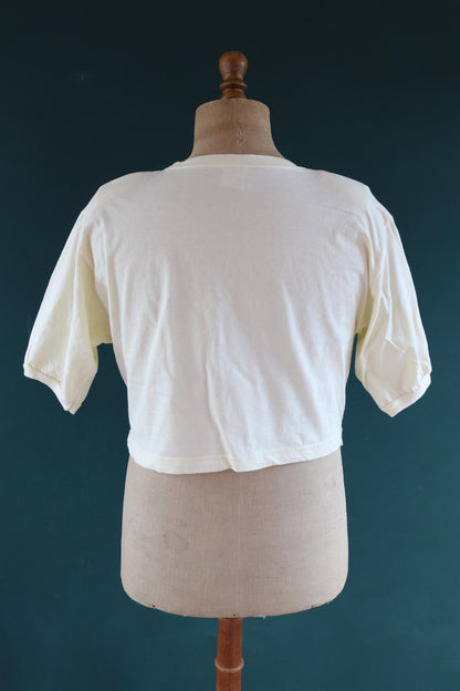 Vintage 1980s 90s cropped lemon yellow t shirt - shoulder pads - oversized boxy fit - sportswear - 40” chest