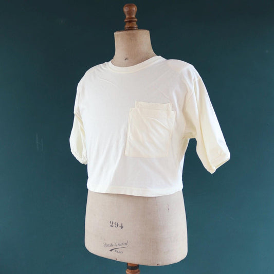 Vintage 1980s cropped t shirt - lemon yellow cotton top - shoulder pads - 40" chest