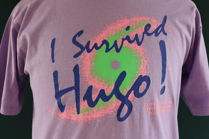 Vintage 1980s hurricane Hugo t shirt - lilac purple - neon graphic - single stitch tee - 40” chest