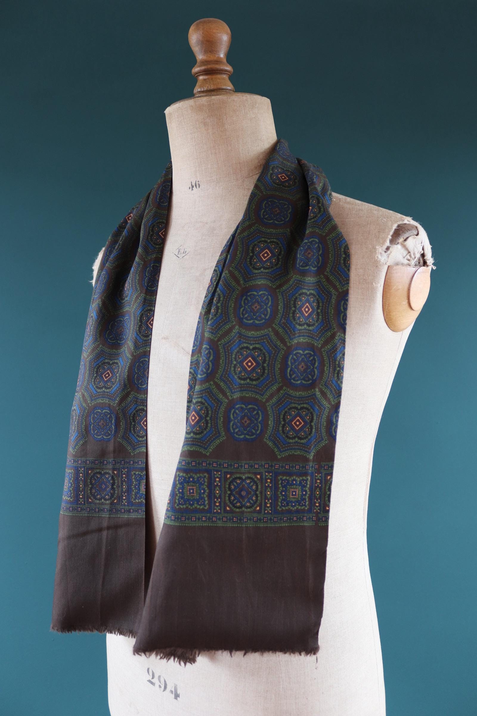 Vintage mens neck scarf - Italian wool and silk - brown blue and green - Goodwood festival - wedding attire