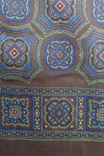 Vintage mens neck scarf - Italian wool and silk - brown blue and green - Goodwood festival - wedding attire