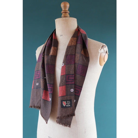 Vintage mens neck scarf - wool and silk - brown and burgundy - Goodwood festival - wedding attire